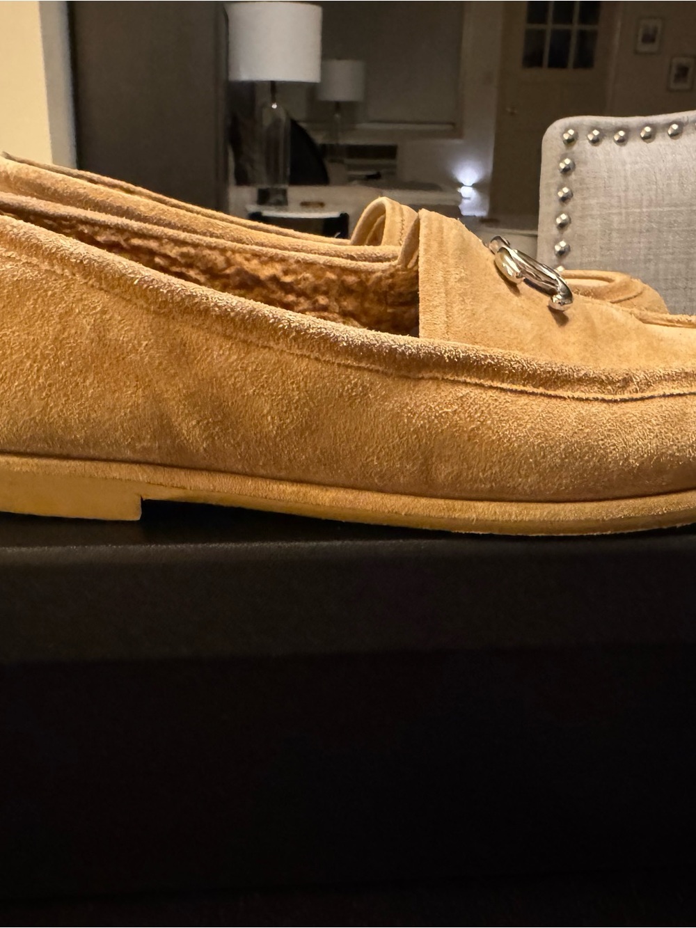 CHANEL Tan Suede Shearling-Lined Slip-On Loafers with CC Hardware - Picture 9 of 11